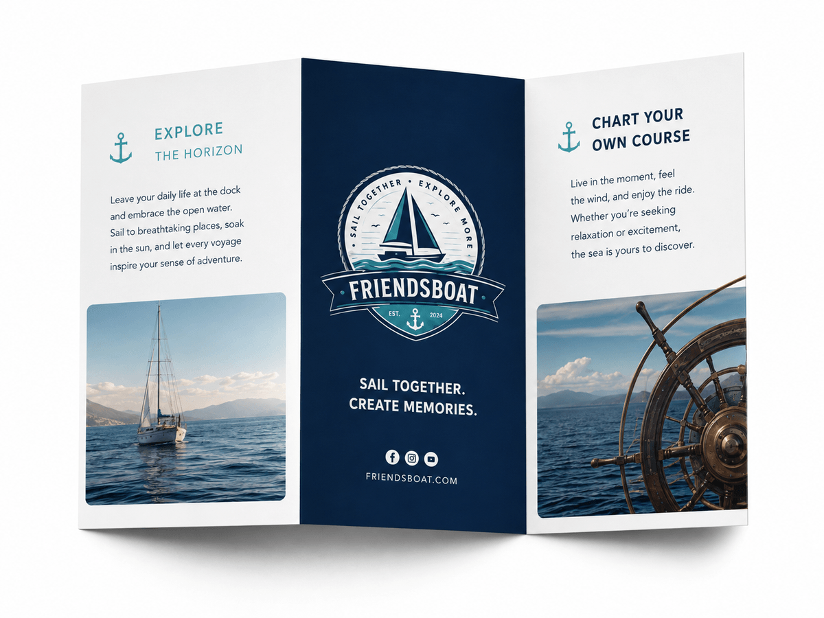 Friendsboat tri-fold brochure design mockup