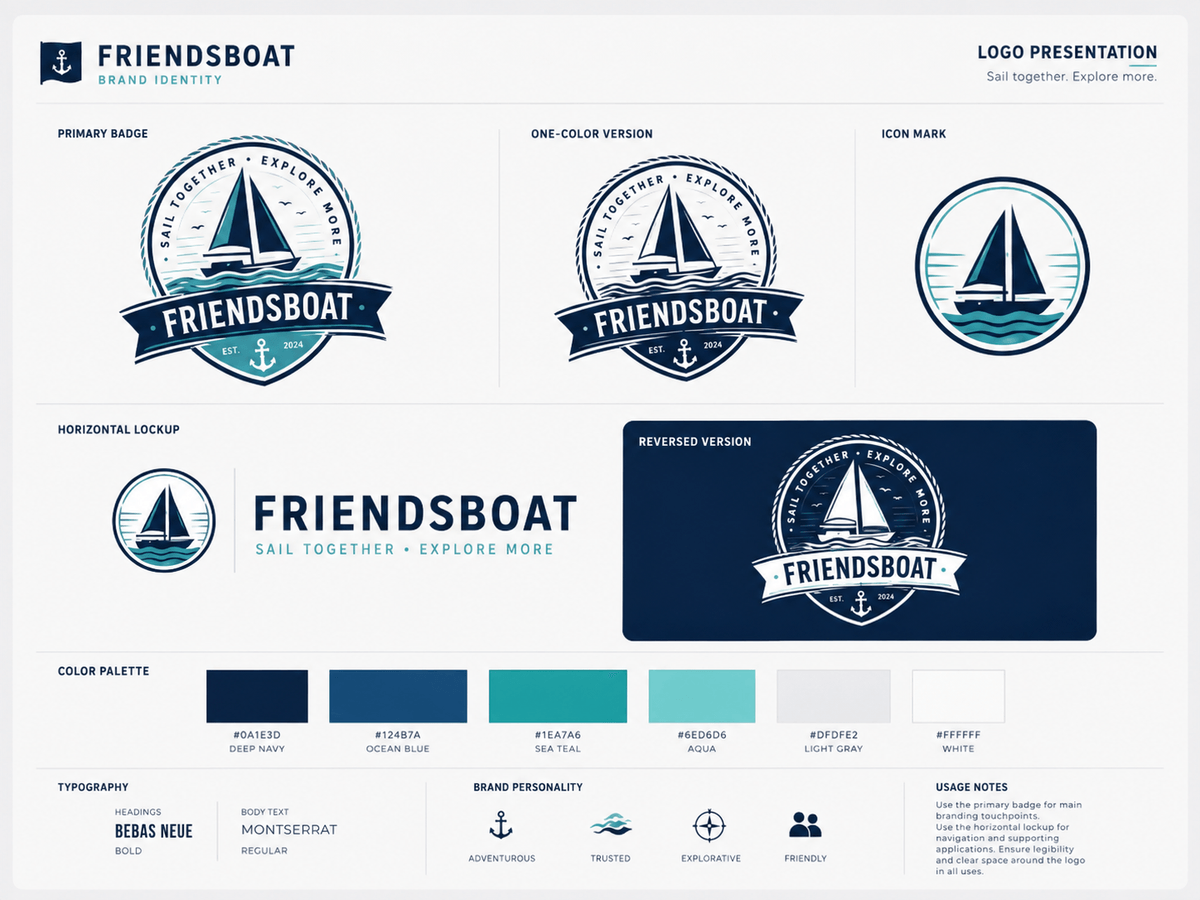 Friendsboat logo presentation and brand guide board