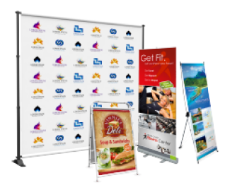 Large format banners, display stands, and event signage